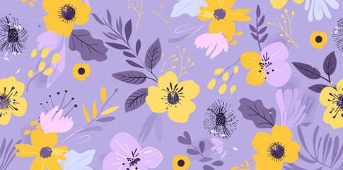 Seamless floral pattern with yellow and purple flowers and leaves on a light purple background