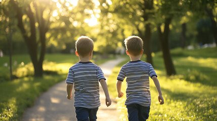 Obraz premium Two young boys in matching striped shirts running down a sunlit path in a park, representing the joy of friendship and outdoor adventure.