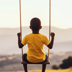 A child on a swing, looking out at a golden sunset over rolling hills, representing serenity and the simple pleasures of life.