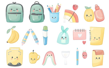 Cute Kawaii School Supplies Illustration Set