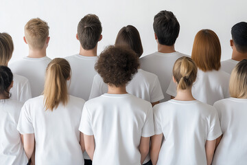 A diverse group of people seen from behind, all wearing white shirts, symbolizing unity and equality. The image conveys a sense of togetherness and collective purpose.