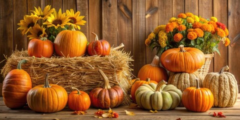 fall themed still life with pumpkins and hay