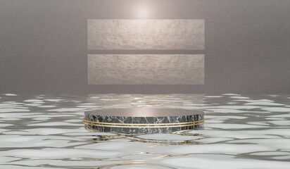Round podium on water surface, pool showroom, floating marble podium on water, room with water, product presentation, 3D illustration
