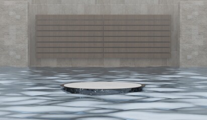 Round podium on water surface, pool showroom, floating marble podium on water, room with water, product presentation, 3D illustration