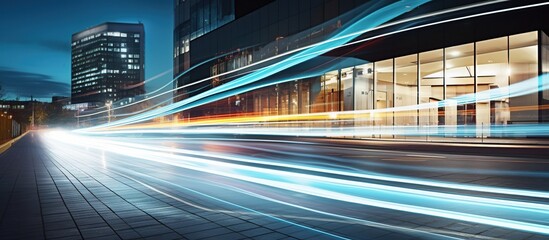 The light trails on the modern building background.