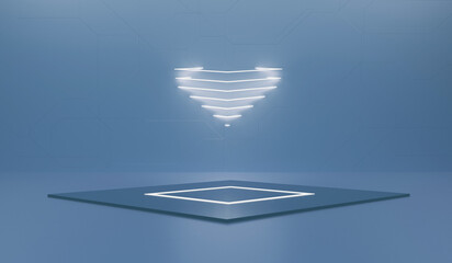 Technology Neon podium, Dark square podium, Product presentation, Dark digital scene, Glowing walkway, Showroom, Technology, Future, Modern, Sci Fi, 3D illustration