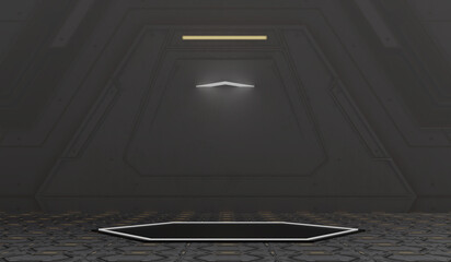 Technology Neon podium, Dark square podium, Product presentation, Dark digital scene, Glowing walkway, Showroom, Technology, Future, Modern, Sci Fi, 3D illustration