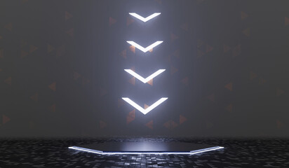 Technology Neon podium, Dark square podium, Product presentation, Dark digital scene, Glowing walkway, Showroom, Technology, Future, Modern, Sci Fi, 3D illustration
