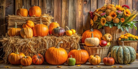 fall themed still life with pumpkins and hay