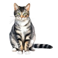 Fototapeta premium Watercolor Illustration of a Tabby Cat with Green Eyes on White Background for Animal Lovers