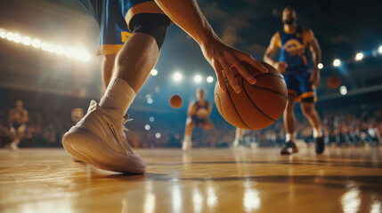 Naklejka premium A close-up of the hand of a basketball player dribbling, holding a basketball with his hands in motion on the court during a game