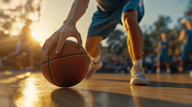 A close-up of the hand of a basketball player dribbling, holding a basketball with his hands in motion on the court during a game