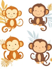 Fototapeta premium Four Adorable Monkeys Surrounded by Tropical Leaves