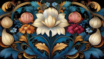 Fototapeta premium Floral Whimsy: 1900s Art Nouveau Pattern with Vibrant Flowers