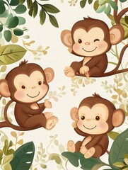 Fototapeta premium Three Adorable Monkeys in Jungle Setting