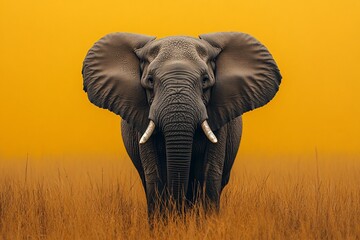 Fototapeta premium Close-up of an elephant standing in tall grass against a vibrant yellow background