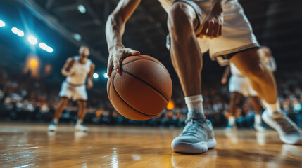 A close-up of the hand of a basketball player dribbling, holding a basketball with his hands in motion on the court during a game