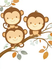 Obraz premium Three Happy Monkeys on a Branch