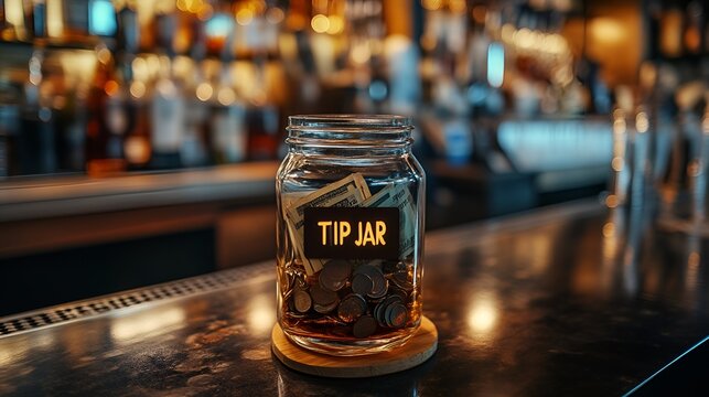 Sign that reads  &ldquo;TIP JAR&rdquo; - bar - lounge - club - restaurant - Glass jar&rdquo; tavern - wooden sign - rustic - happy hour 