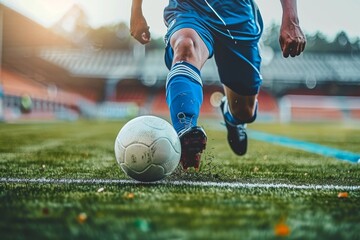 Fototapeta premium Soccer Player Taking A Shot, Kicking Football Ball At Stadium In Dramatic Low Angle View