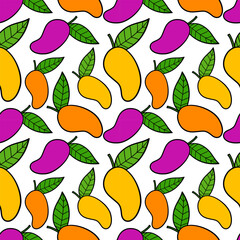 Colorful Mangoes and leaves seamless pattern for summer background 