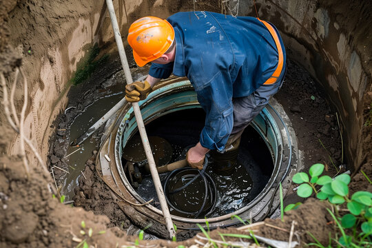 Man cleaning septic tank for sewage removal service