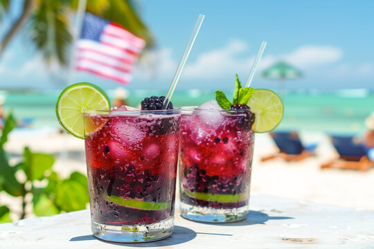 Tonic blackberry refresher with lime on a beachside table