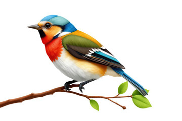Patchwork bird on a tiny branch, Nursery Art, Digital Art, isolated on a White Background.