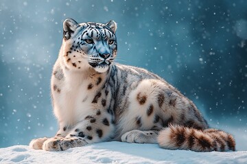 Fototapeta premium Snow leopard resting on snow with a calm expression during snowfall