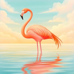 Fototapeta premium Elegant flamingo standing in calm water with a beautiful sunrise sky in the background, reflecting serene tranquility.