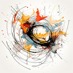 Abstract Art with Black Lines, Orange, Red, and Blue Paint Splashes
