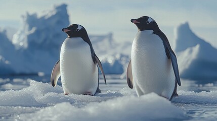 Fototapeta premium Two penguins standing in cold water with icebergs in the background