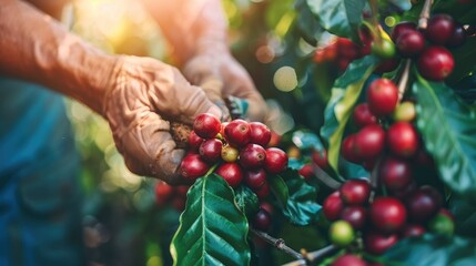 Old man 's hand picking Arabica coffee berries or Robusta berries in coffee harvesting. Generative AI, AI generated for Ads