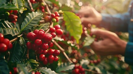 Old man 's hand picking Arabica coffee berries or Robusta berries in coffee harvesting. Generative AI, AI generated for Ads