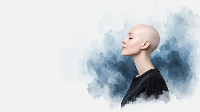 Alopecia areata, woman with bald patches, serene expression, Watercolor style
