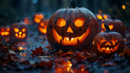 Halloween Night Scene with Illuminated Jack-o-Lanterns
