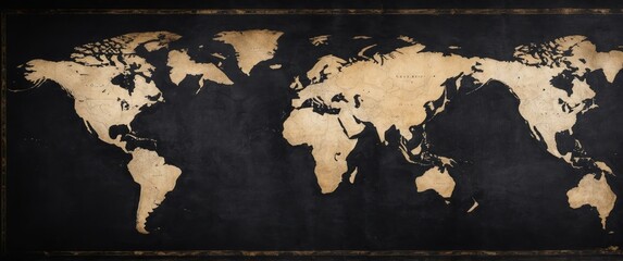 An old map with continents on a black background, perfect for decor or educational use