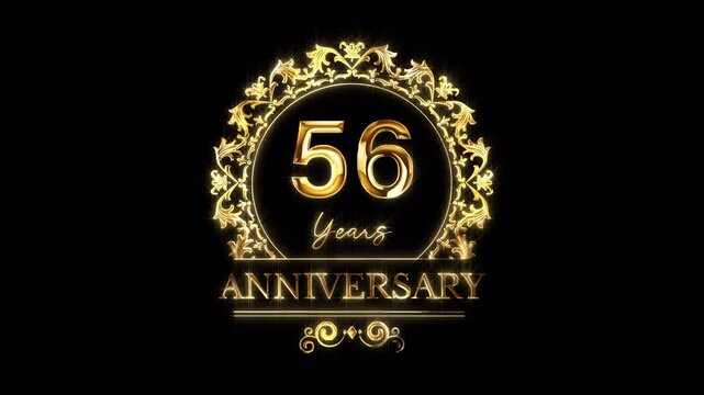 56th Anniversary Celebration. Happy 56 Years Anniversary Animation in Gold Color on the Transparent Background, Alpha Channel. Great for greetings, celebrations, events, and gifts.