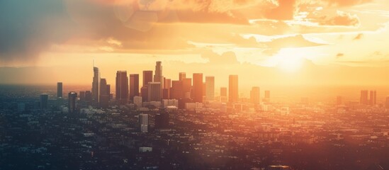 The skyline of los angeles during sunrise, Downtown Los Angeles skyline during rush hour at sunset.