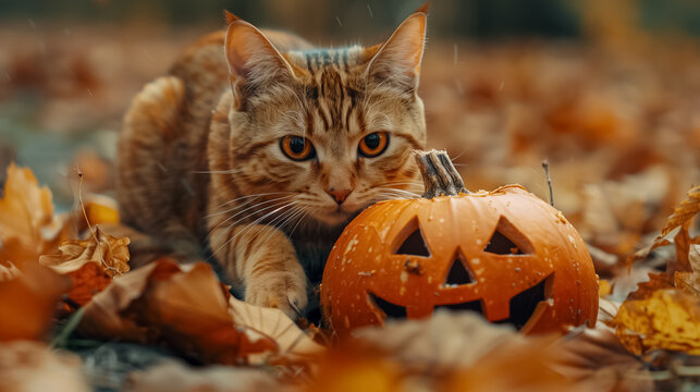 Nighttime Halloween Scene kat and Glowing Jack-o-Lantern