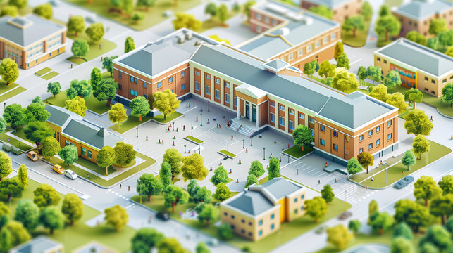 aerial view of 3D high school, model school scene captures students arriving for the first day of classes in a bustling educational environment