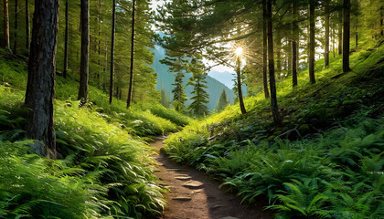 Obraz premium A serene forest scene with tall trees and lush green ferns. Sunlight filters through the branches, creating a mystical atmosphere. A path leads through the vibrant greenery, inviting exploration.