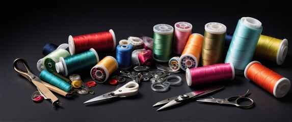 A vibrant sewing kit with threads and tools on a black background
