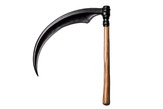 A detailed image of a traditional scythe highlighting the curved blade and wooden handle, perfect for Halloween or agricultural themes.