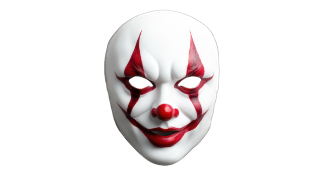 A haunting clown mask with red accents and an eerie smile, perfect for Halloween or themed events.