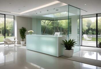 A modern minimalist interior of a office reception with a large glass wall overlooking a lush, green outdoor space. The room features a white reception desk and simple, minimalist furniture. The overa