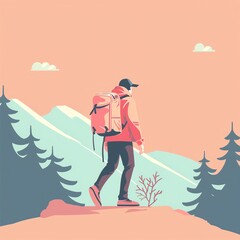 Illustration of a hiker with a backpack walking in the mountains, surrounded by trees, under a clear sky.