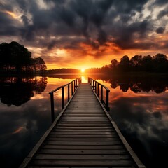 Fototapeta premium Stunning Sunset Over Calm Lake with Wooden Pier and Dramatic Cloudy Sky, Reflection Photography