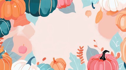Colorful autumn frame with pumpkins and leaves, perfect for seasonal decoration and festive invitations.