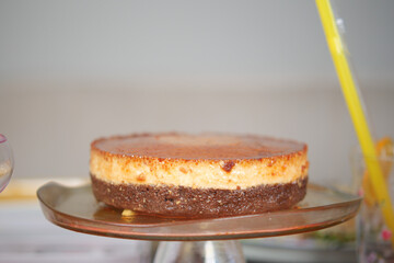  Caramel custard pudding on a plate on table 